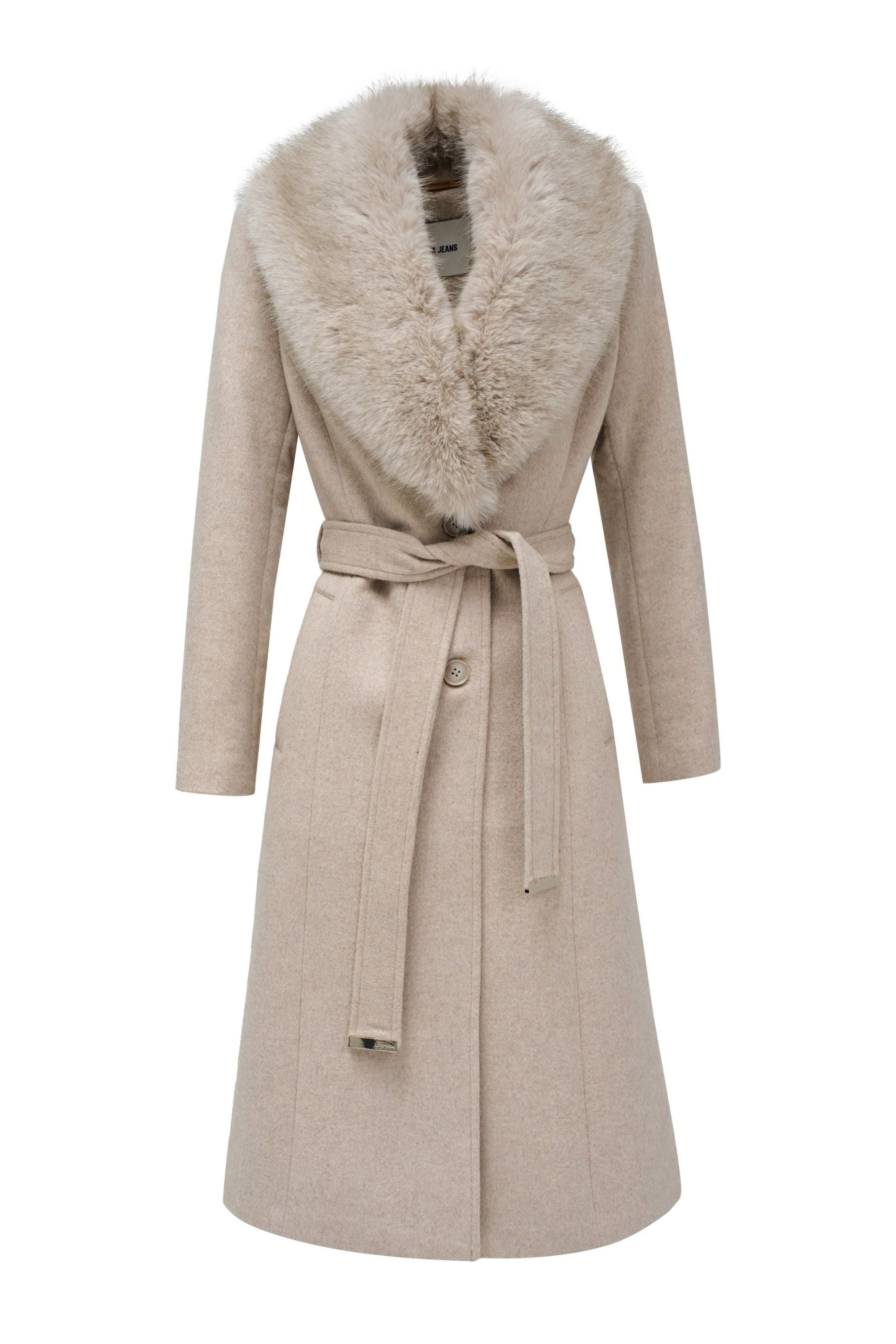 Long Wool Coat Faux Fur Belt in Medium Beige V1 Jacken Salsa Jeans