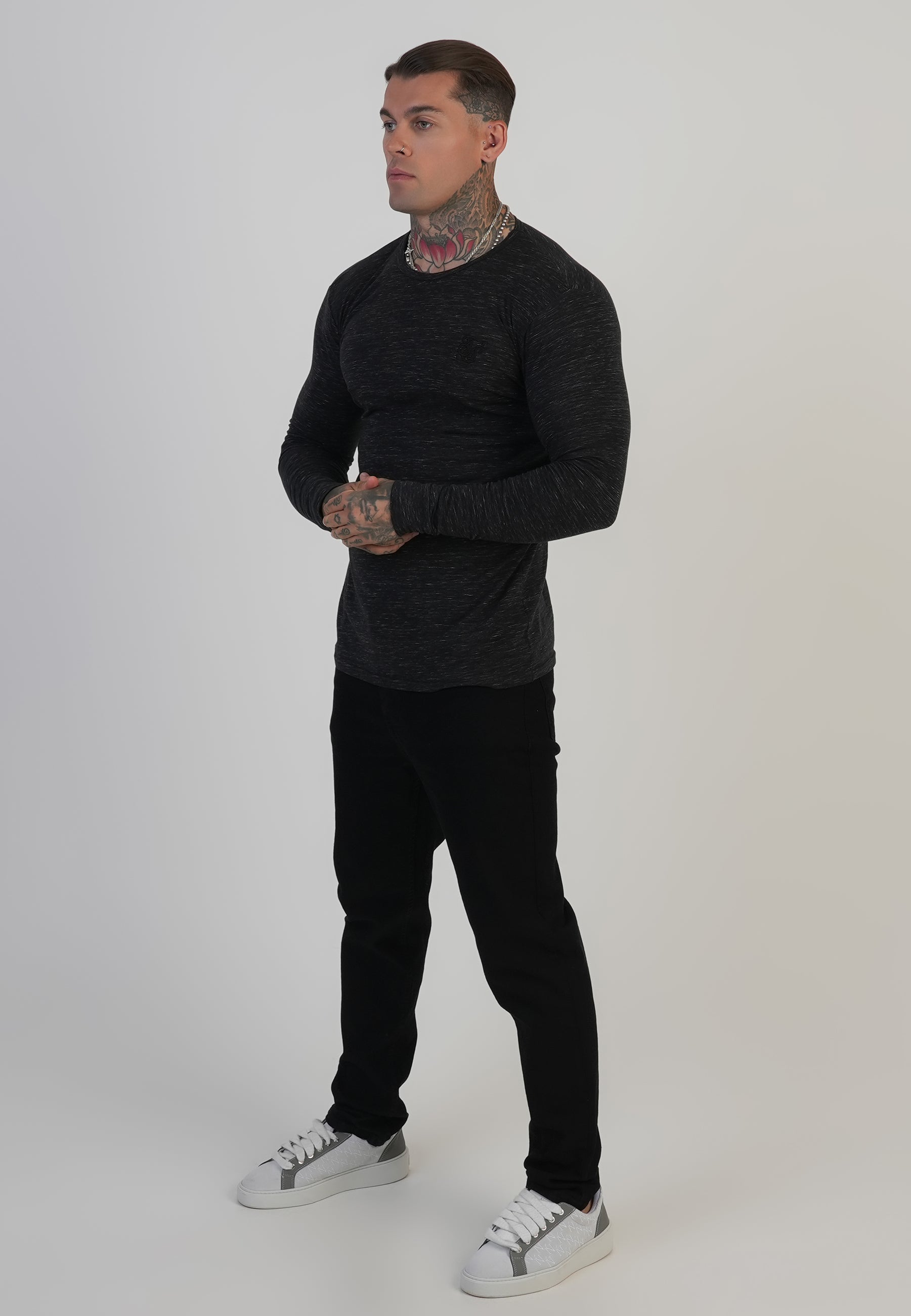 Long Sleeve Marl T-Shirt in Black T-Shirts SikSilk