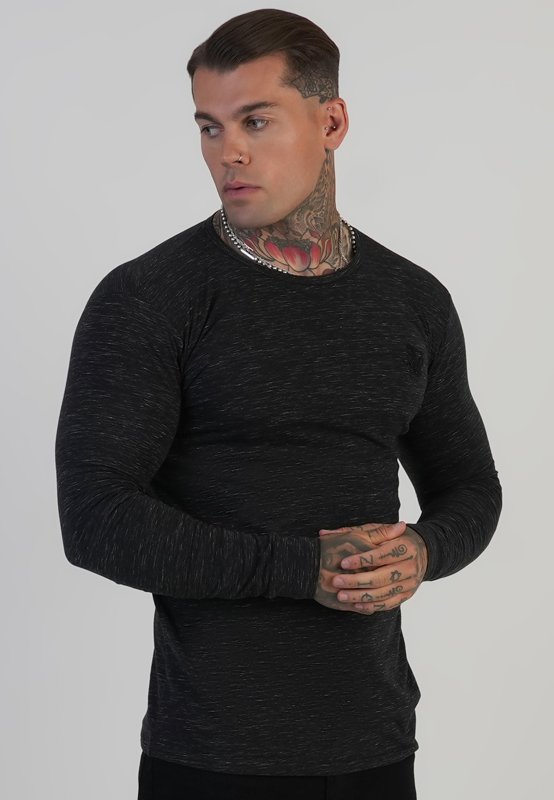 Long Sleeve Marl T-Shirt in Black T-Shirts SikSilk
