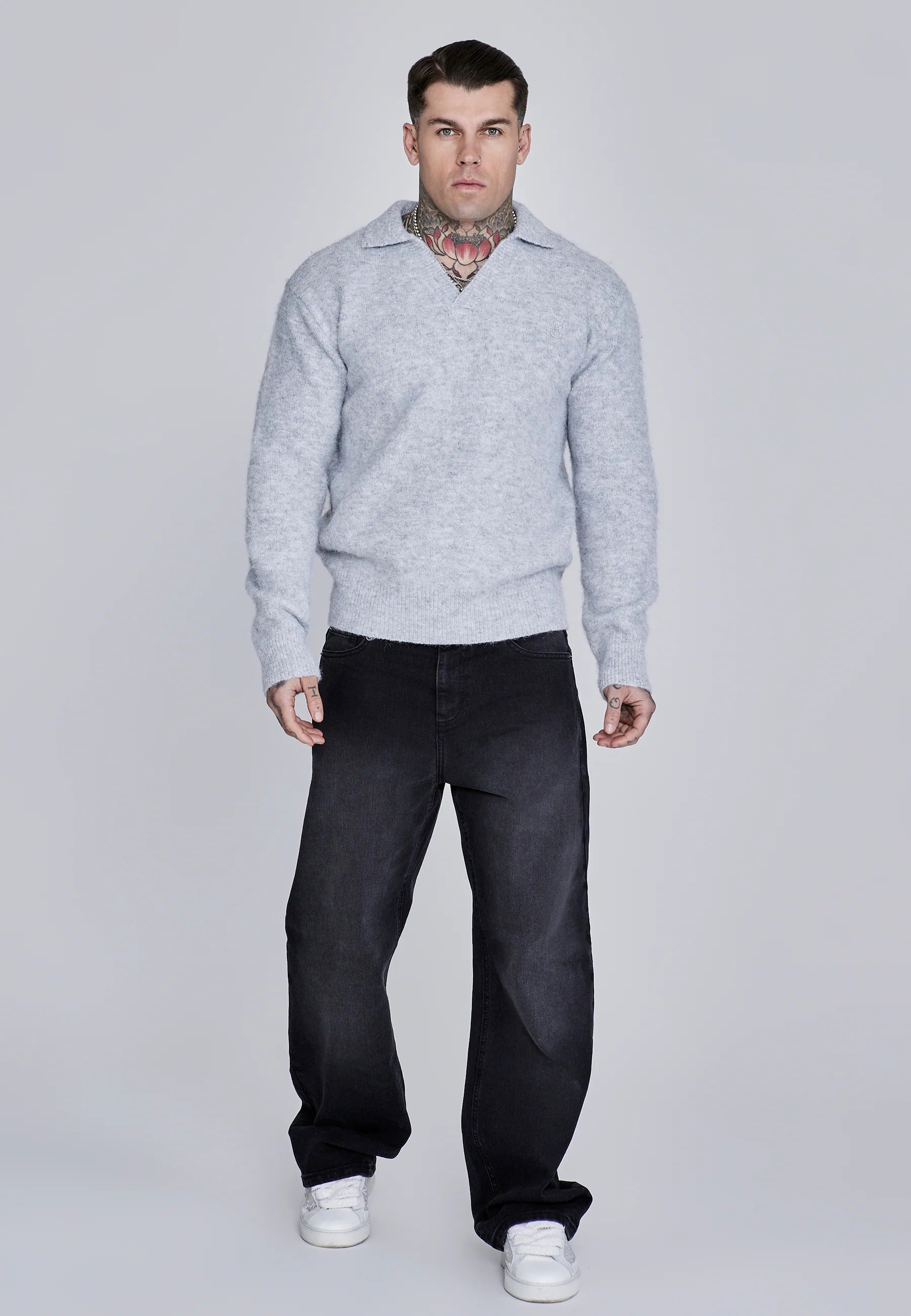 Knitted Polo Sweater in Grey