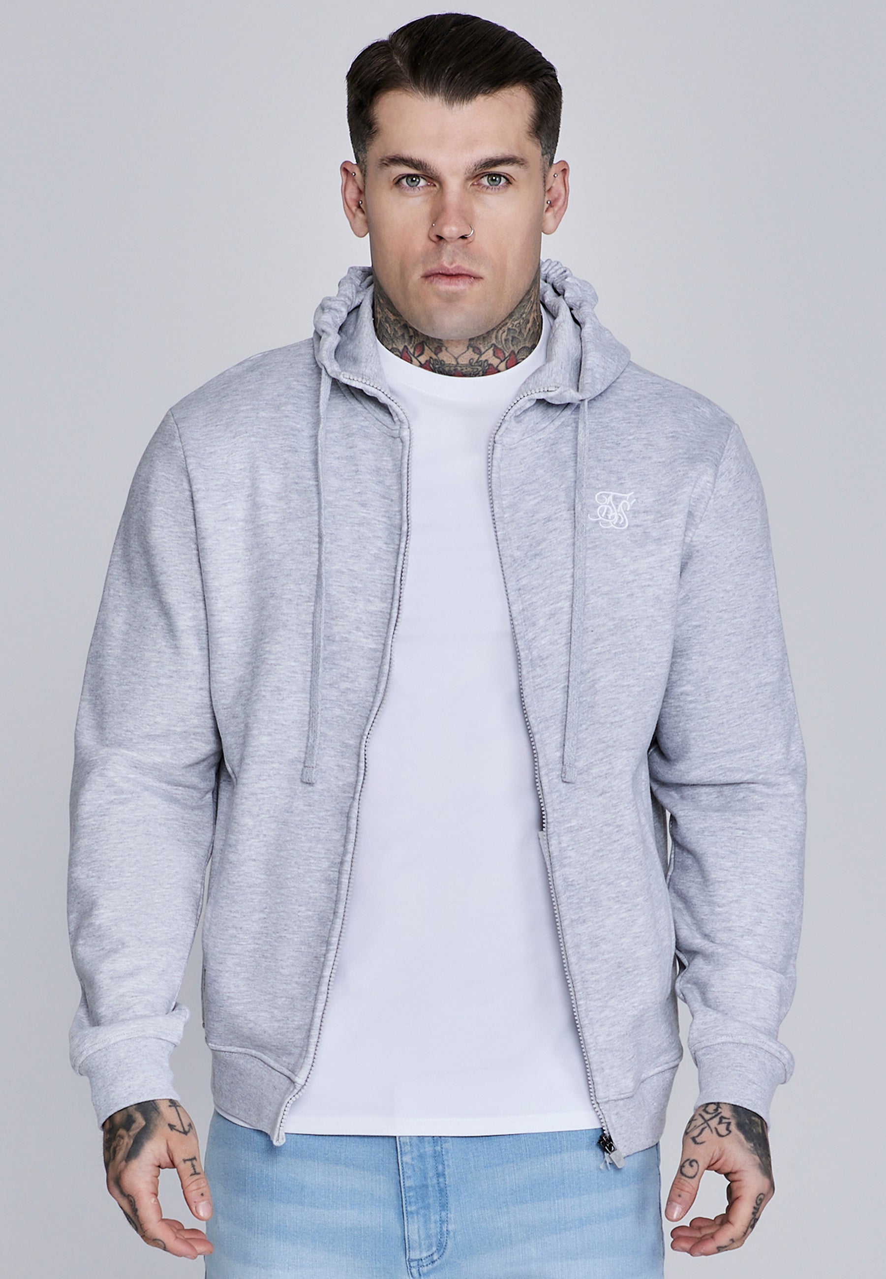 Essentials Full Zip Hoodie in Grey Marl Sweatjacken SikSilk