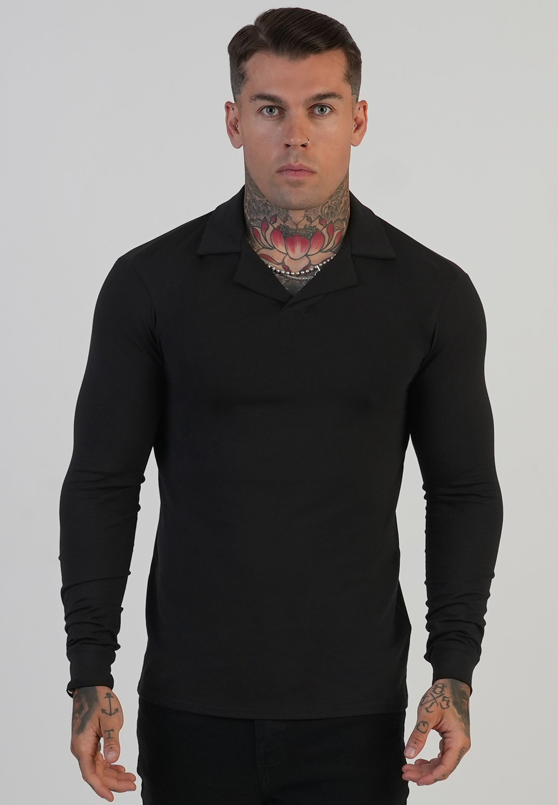 Long Sleeve Revere Polo in Black T-Shirts SikSilk