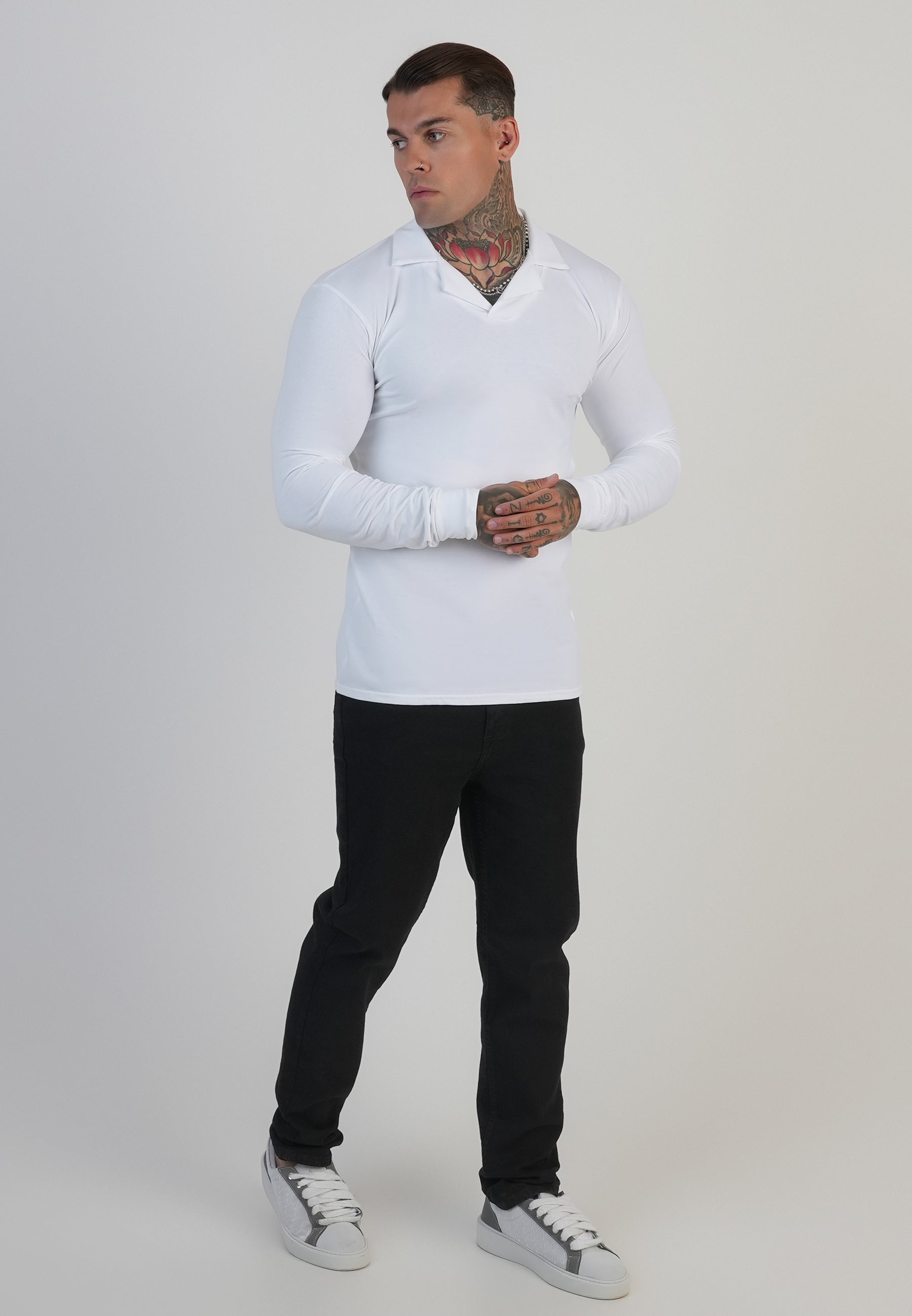 Long Sleeve Revere Polo in White T-Shirts SikSilk