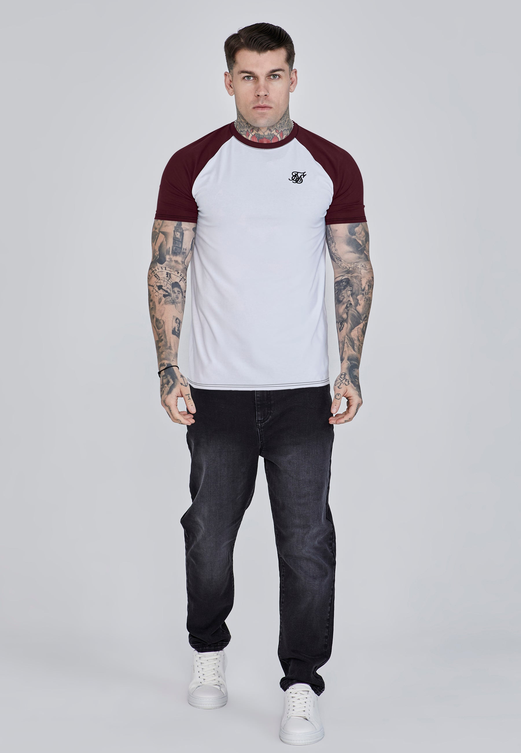 Raglan T-Shirt in White, Burgundy T-Shirts SikSilk