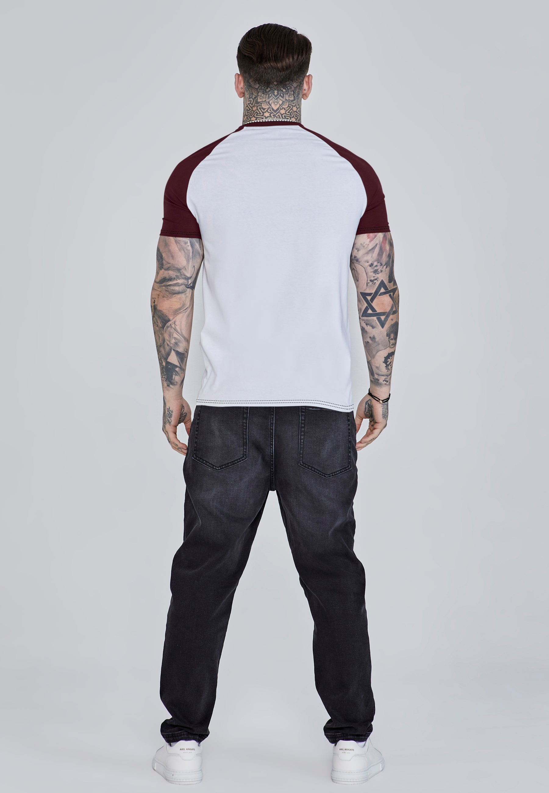 Raglan T-Shirt in White, Burgundy T-Shirts SikSilk