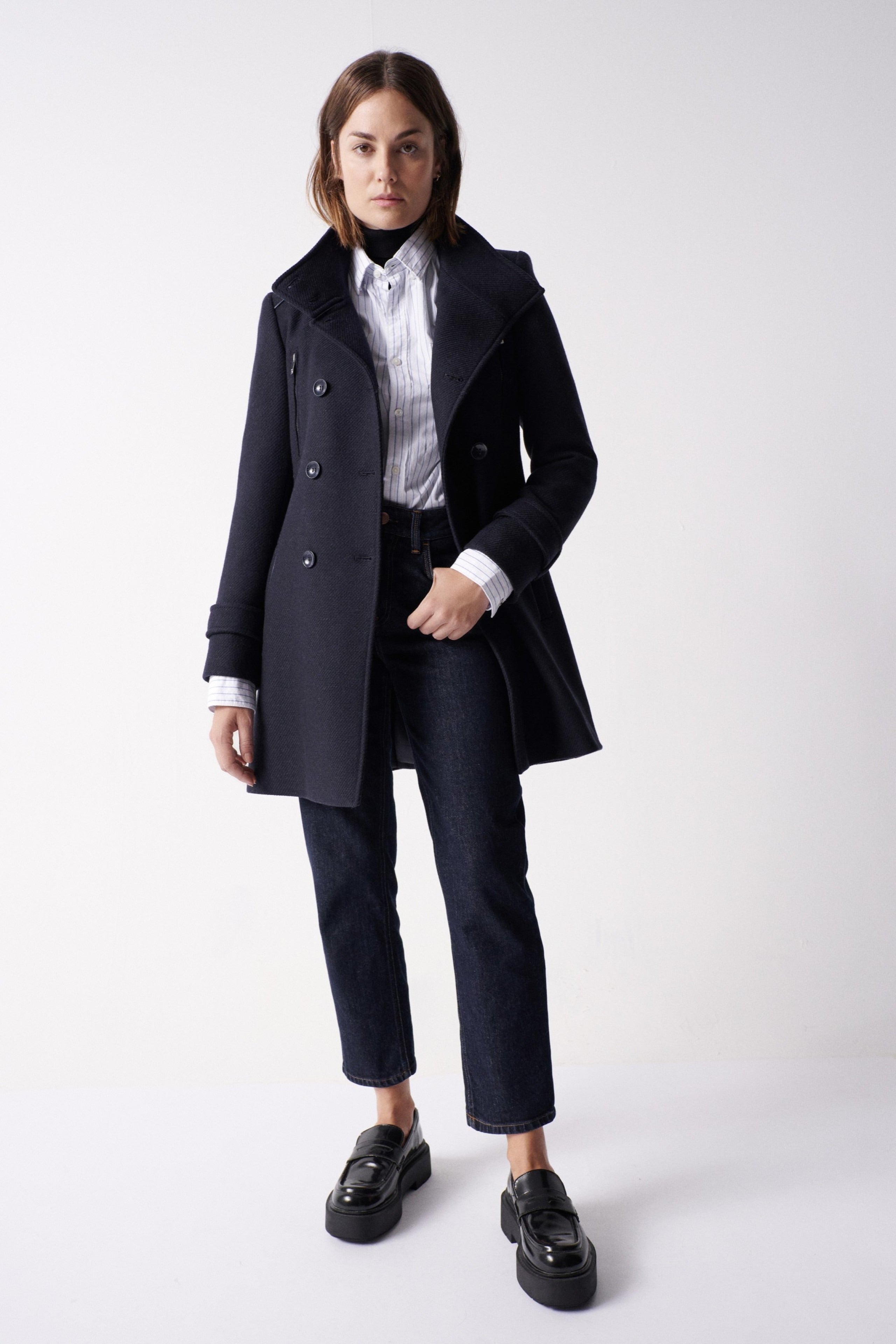 Grace Long Woolen Coat in Dark Blue