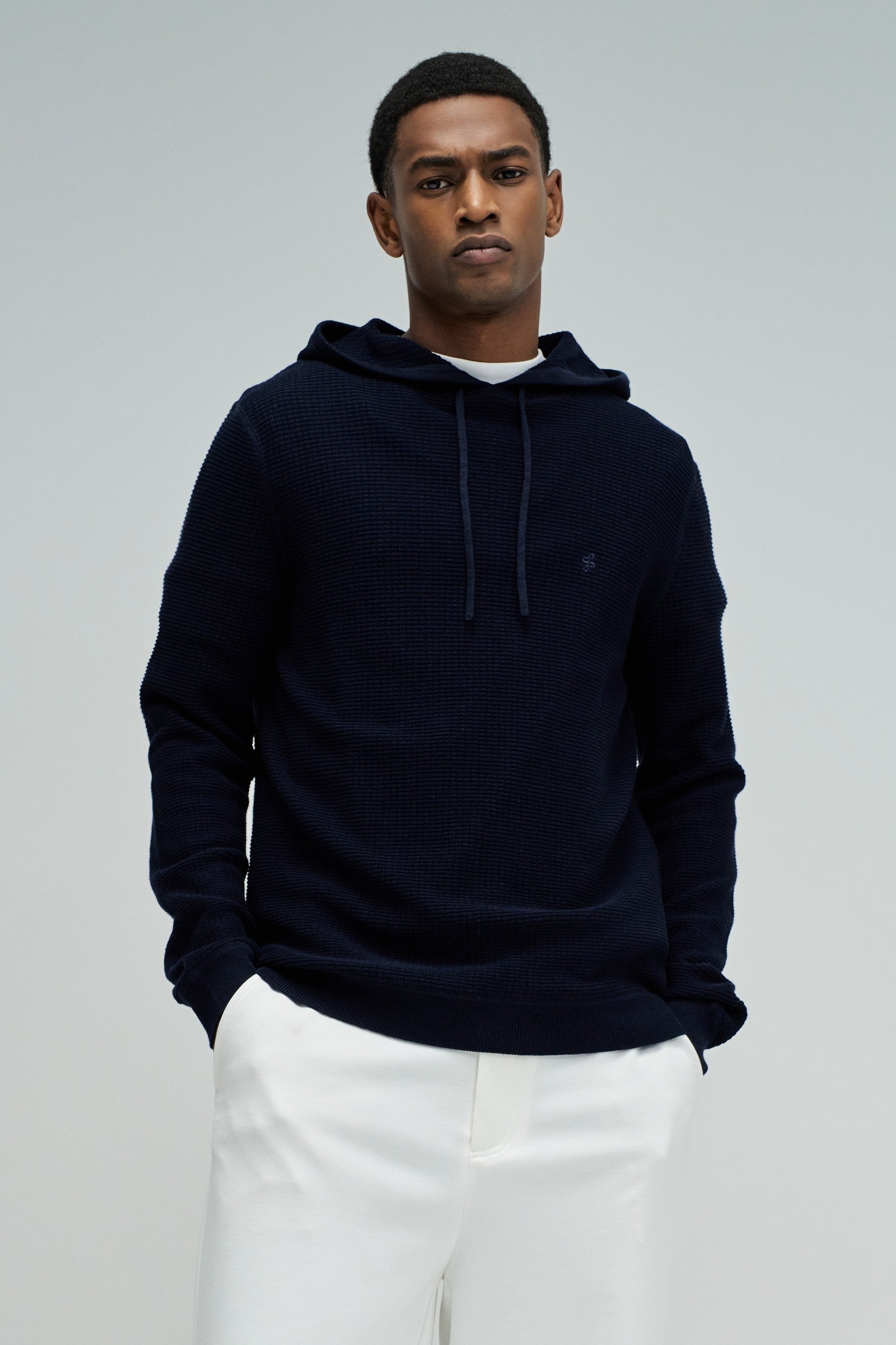 Waffle Knit Hoodie in Dark Blue V1