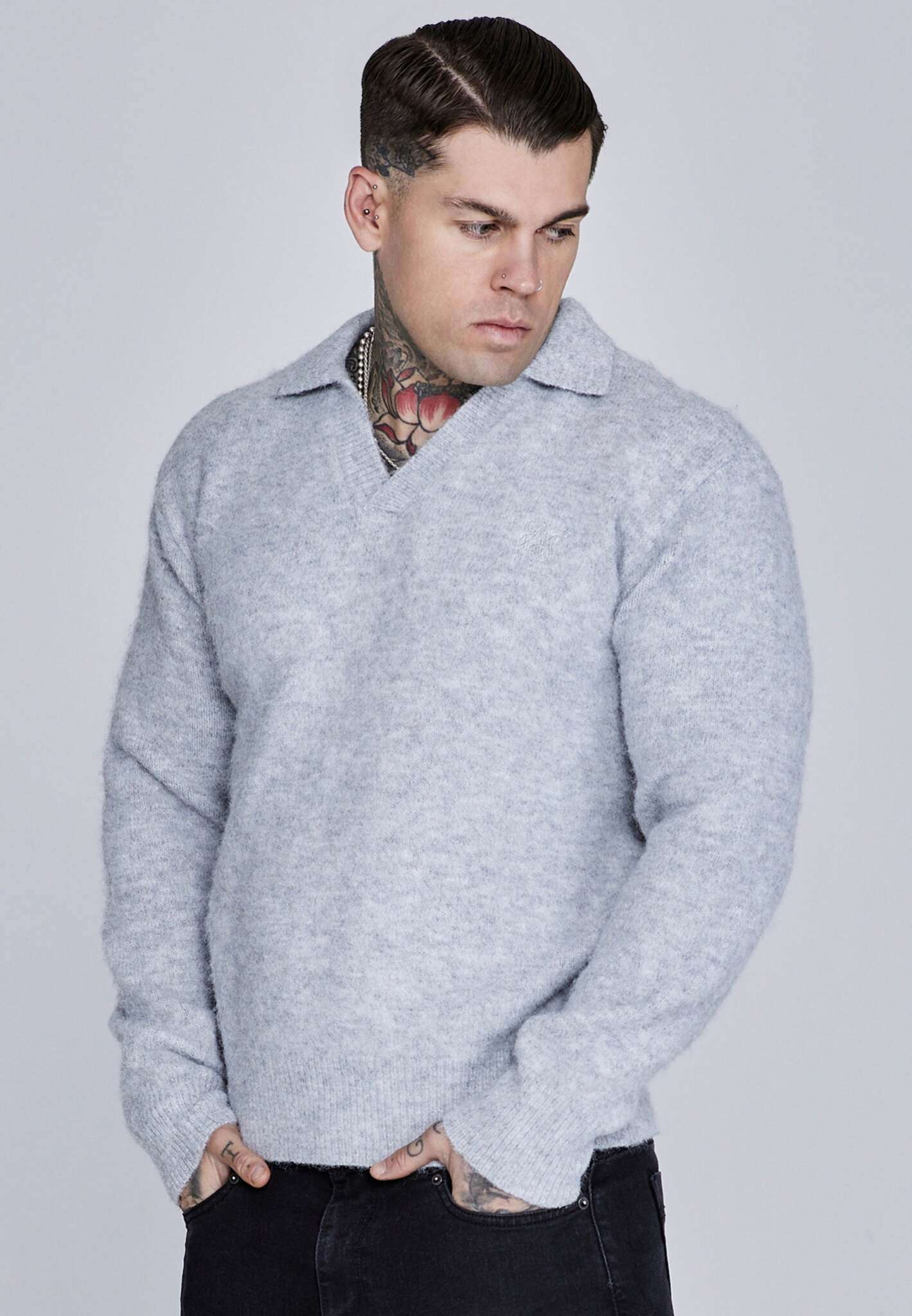 Knitted Polo Sweater in Grey Pullover SikSilk