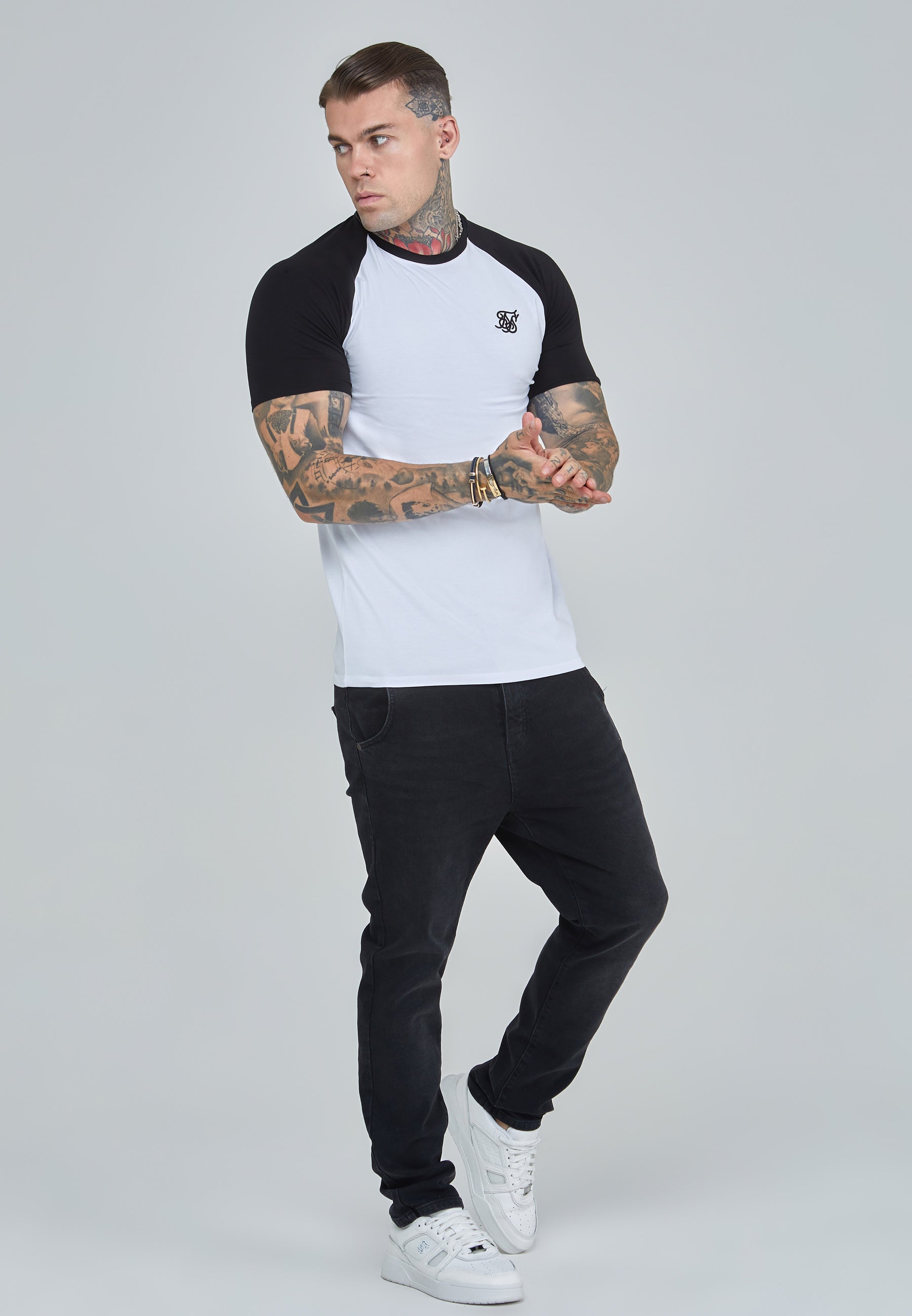 Raglan T-Shirt in White, Black T-Shirts SikSilk