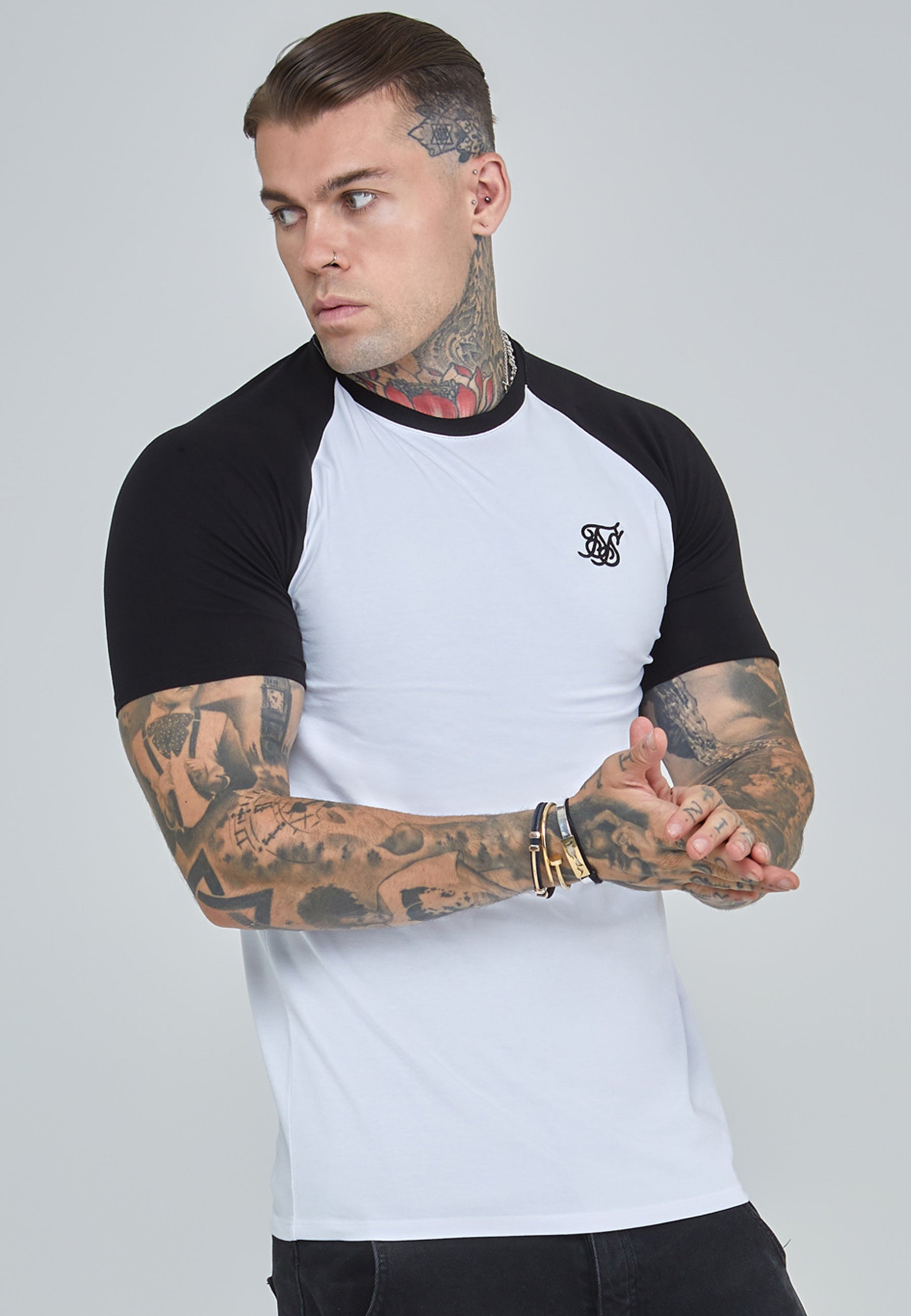 Raglan T-Shirt in White, Black T-Shirts SikSilk
